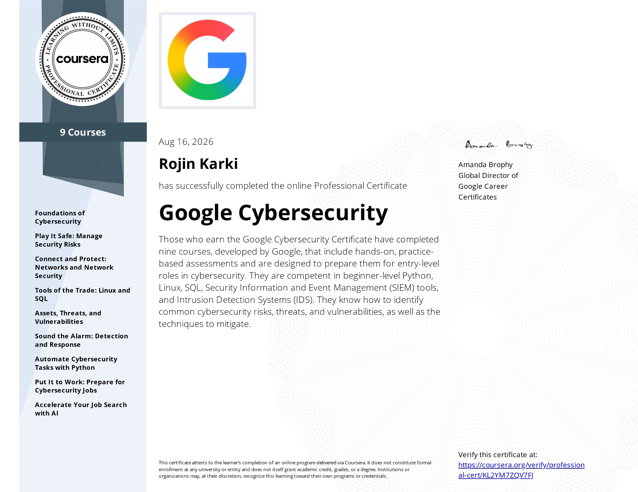 Google Cybersecurity Professional Certificate document
